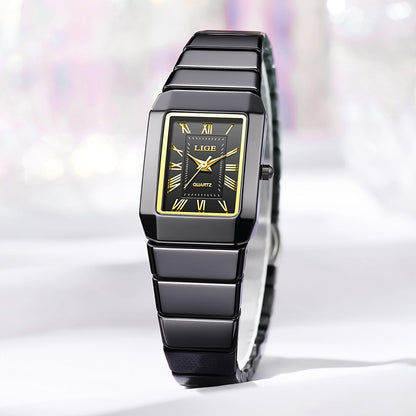 LIGE New Black Watch Women Fashion Creative Square Stainless Steel Ladies Waterproof Watches Elegant Bracelet Quartz Wristwatch