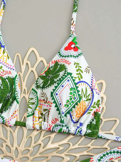 Sexy Cherry Print Triangle Brazilian Bikini Push Up Swimsuit 2 Piece String Bandage Bikinis Swimwear Women Thong Bathing Suit