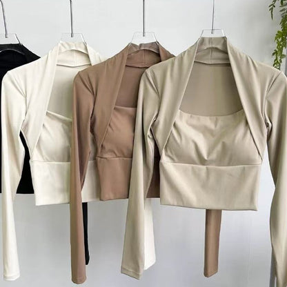 Women's Elegant Long Sleeve Yoga Shawl Sports Top with Chest Cushion Short Elegant Yoga Top Small Camback Pura Speed Dry Autumn