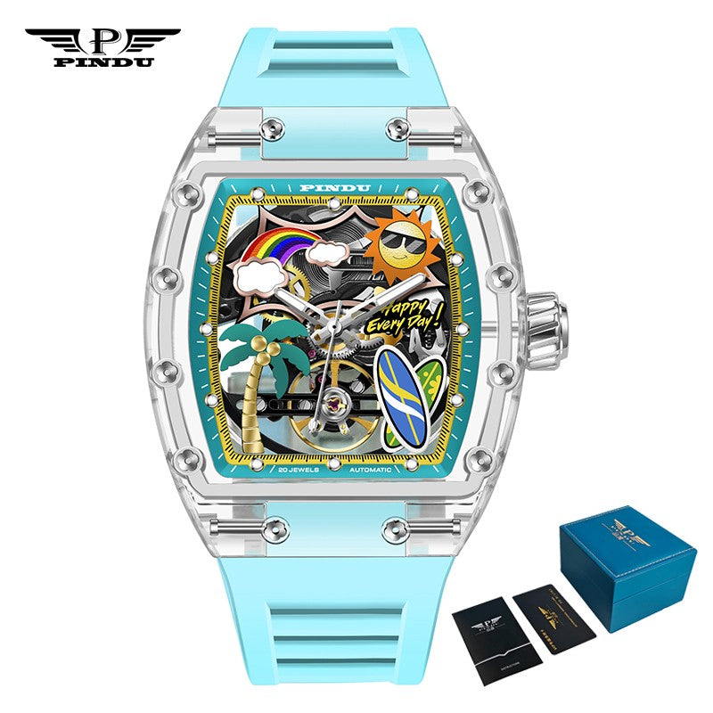 New PINDU Watch Unique Dial Design Style Men Mechanical Watch Summer Beach Fashion Watch Glowing Waterproof Resin silicone strap