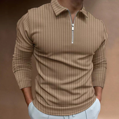 2024 New Men's Autumn And Winter Solid Color Lapel Leisure Sports Polo Shirt Zipper Striped Long Sleeve High Elasticity