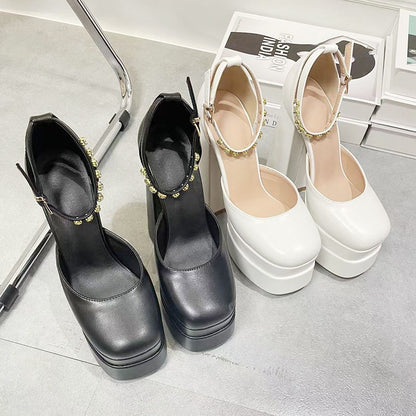 New Fashion Women Pumps Retro Mary Janes Chunky Heels Sandals Spring Platform Dress Party Wedding Basic Shoes Woman Big Size