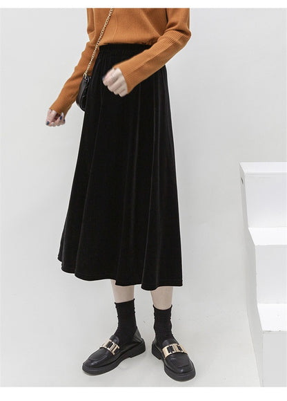 French Style Black Velvet Skirt For Women High Waist A-Line Velour Skirts Spring Autumn Simple High Street Long Skirts Plus Size