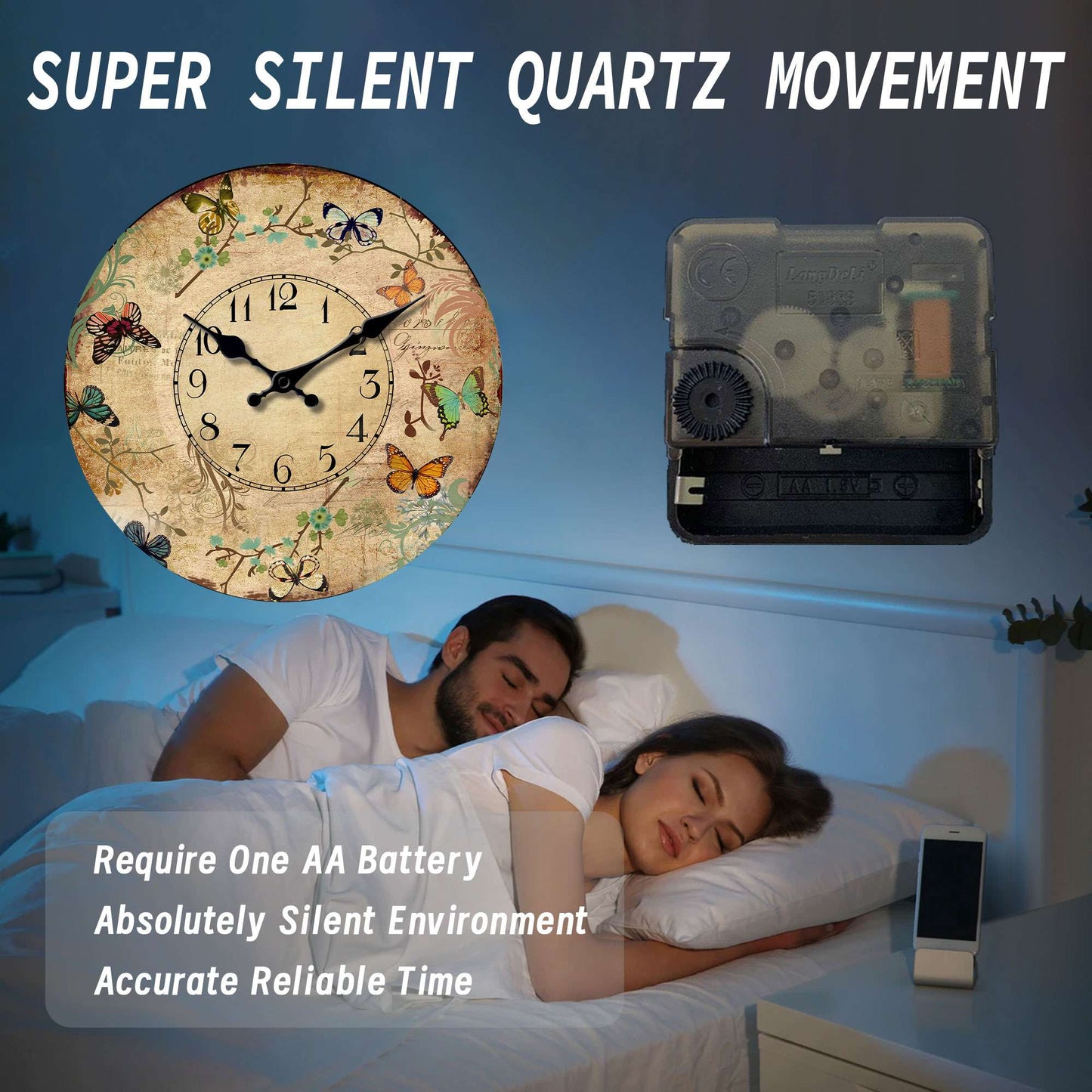 1pc 10-16inch wooden wall clock, retro flower and colorful butterfly design wall clock, silent clock, suitable for living room b