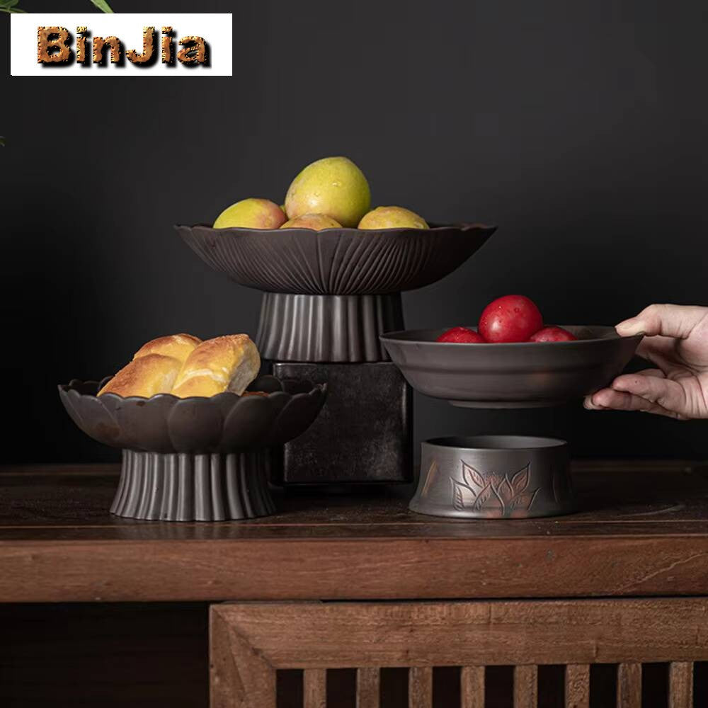 Qingxi Purple Pottery Tea Pastry Plate Handmade High Foot Dried Fruit Snack Large Integrated Drain Dessert Candy Dish Gift