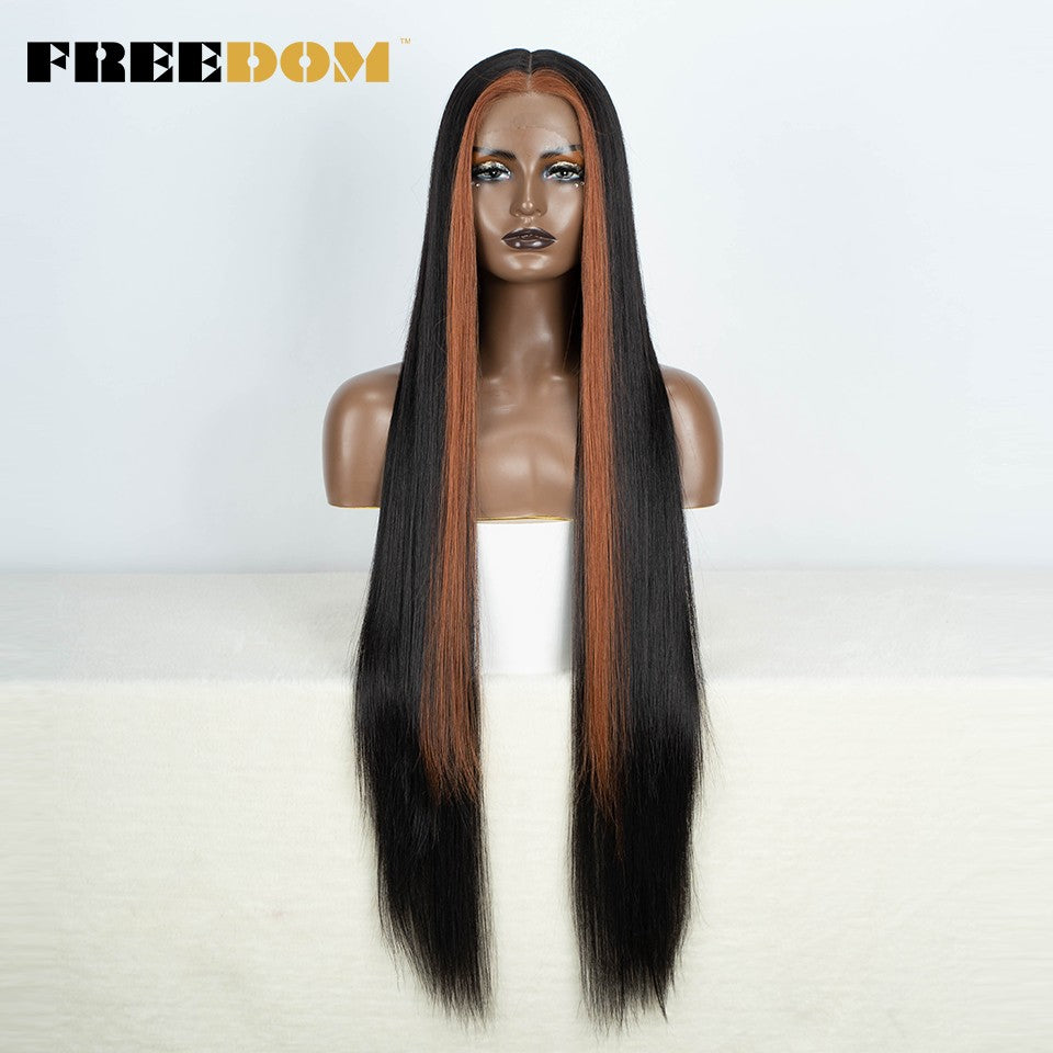 Peruca frontal de renda sintética FREEDOM para mulheres, 38 polegadas, longa, lisa, ombré, marrom, vermelho, gengibre, destaque, perucas frontais de renda, peruca de cosplay
