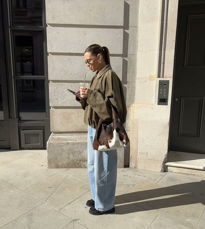 Women's Jacket Fall 2025 New Solid Color Long-Sleeved Faux Suede Loose Bomber Jacket Casual Fashion Personality Versatile