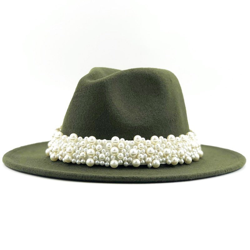 Chapéu Fedora De Lã Feminino Masculino Com Fita De Pérolas Cavalheiro Elegante Senhora Inverno Outono Aba Larga Igreja Panamá Sombrero Boné De Jazz 60CM