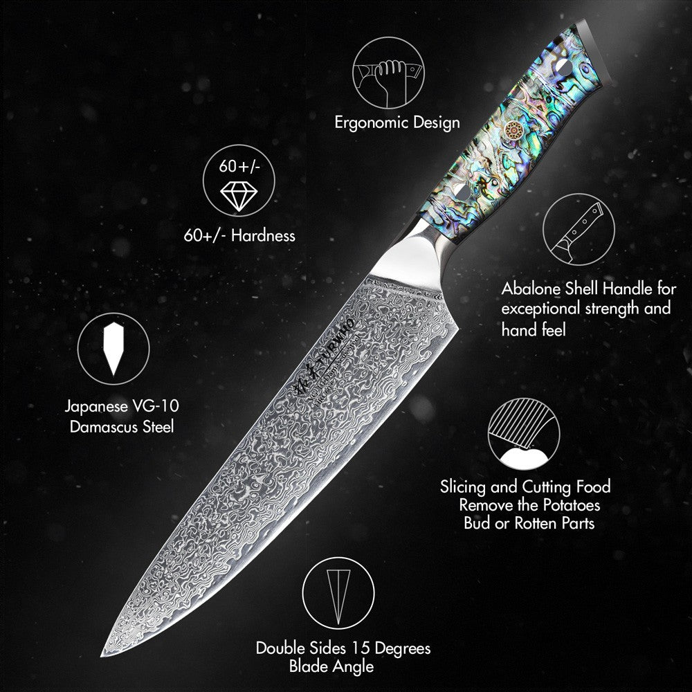 Faca de Cozinha TURWHO Japonesa de Aço Damasco de 67 Camadas com Cabo de Abalone Afiada Faca Santoku para Pão Bife Faca de Chef Ferramentas de Corte para Cozinha
