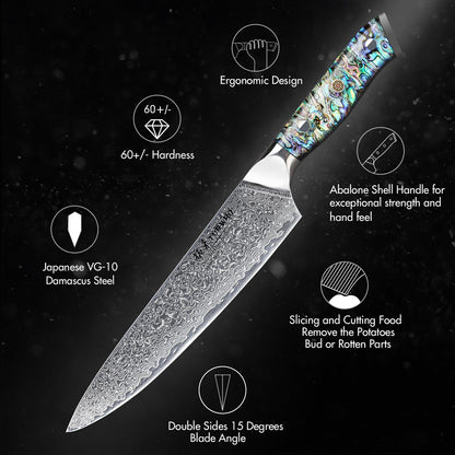Faca de Cozinha TURWHO Japonesa de Aço Damasco de 67 Camadas com Cabo de Abalone Afiada Faca Santoku para Pão Bife Faca de Chef Ferramentas de Corte para Cozinha