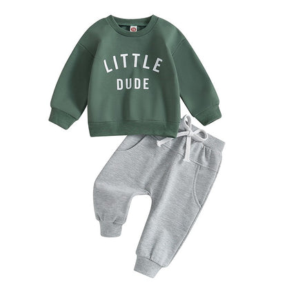 Roupas de Outono Inverno para Bebês Meninos, Conjunto de 2 Peças de Moletom de Manga Comprida com Estampa de Letra "Little Dude" e Calças