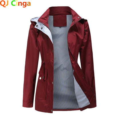 Purple Hooded Jacket for Spring 2025 Women's Office Fashion Women Outerwear Hat with Removable Waist Drawstring Water Proof