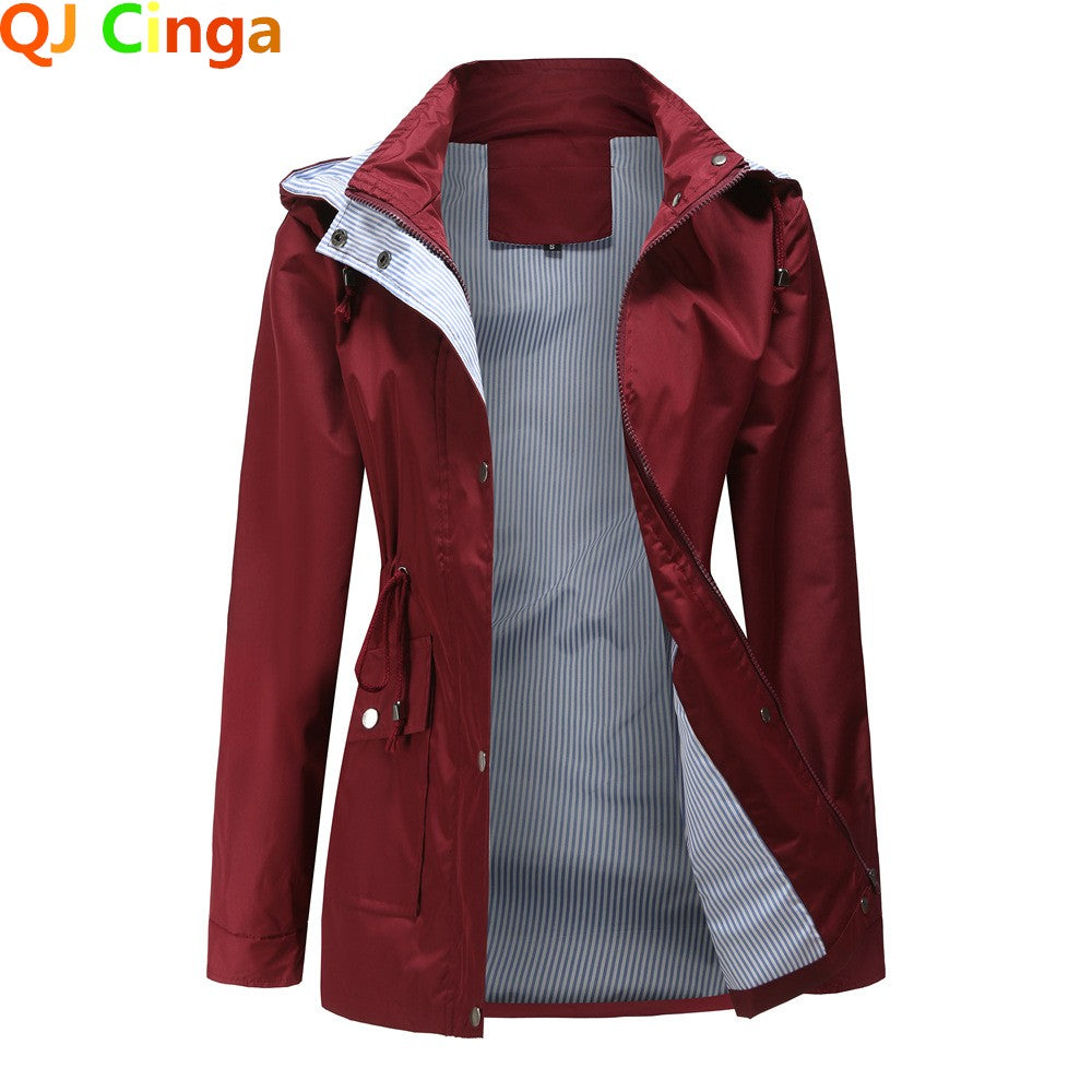 Purple Hooded Jacket for Spring 2025 Women's Office Fashion Women Outerwear Hat with Removable Waist Drawstring Water Proof