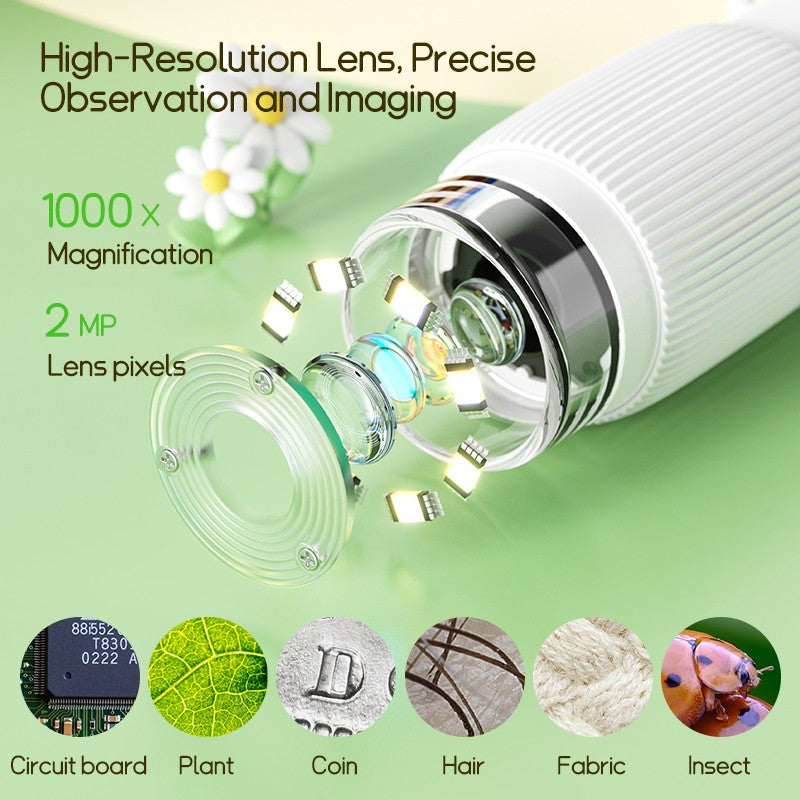 Microscópio Infantil Portátil de Bolso Tela IPS de 2 Polegadas Microscópios Digitais Portáteis de 1000X com 8 Luzes LED Ajustáveis