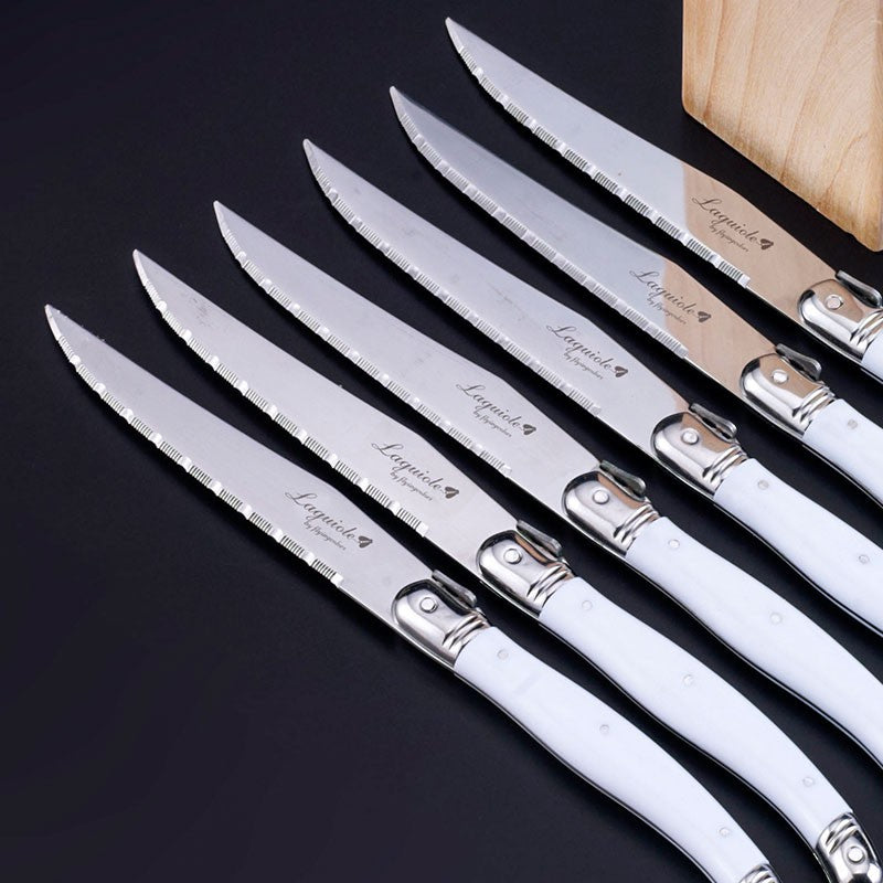 Conjunto de Facas de Churrasco Laguiole em Aço Inoxidável 6/7 Peças, Facas de Churrasco com Suporte de Madeira, Faca de Jantar de Aço, Conjunto de Talheres Coloridos de Natal