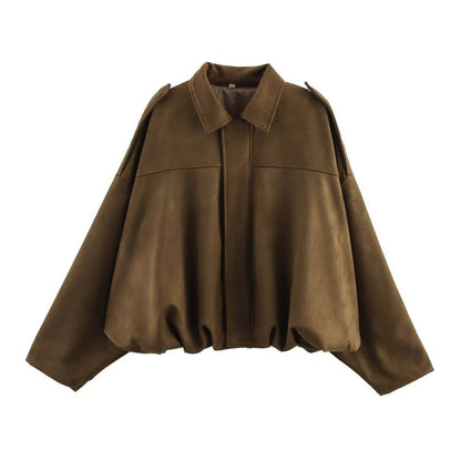ETJ 2025  Spring new women's suede texture effect Loose version of fashion lapel shoulder bomber jacket