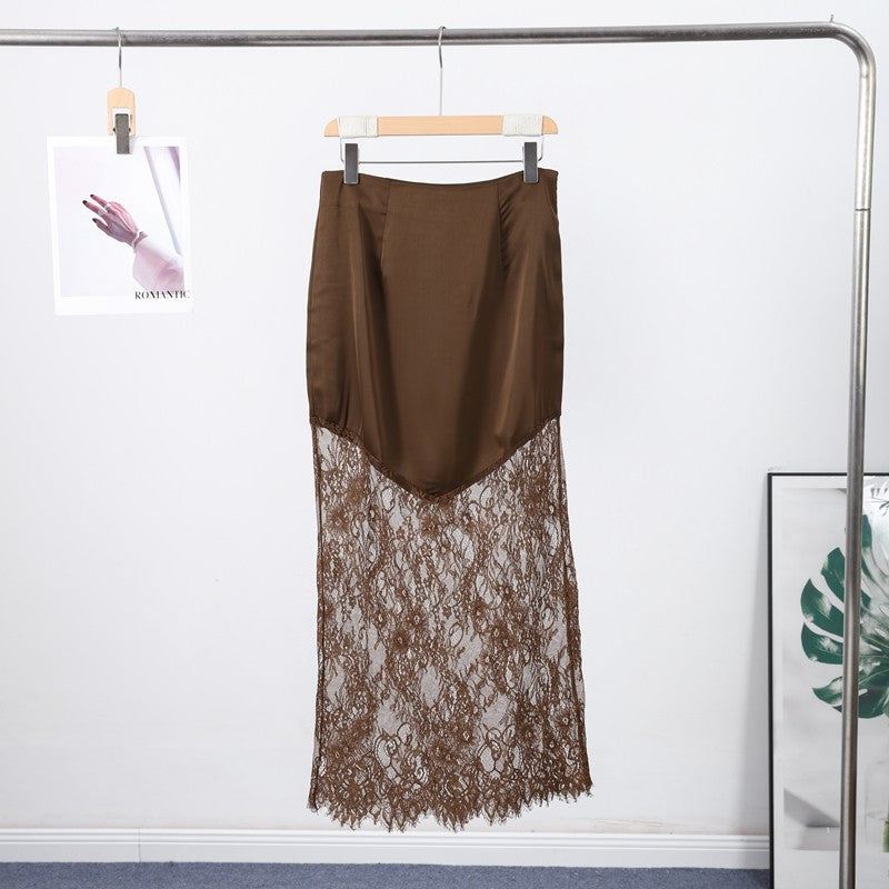 Satin Skirts Women Loose High Waist Patchwork Lace See Through Skirt Female 2025 Chic Solid Sexy Elegant Streetwears