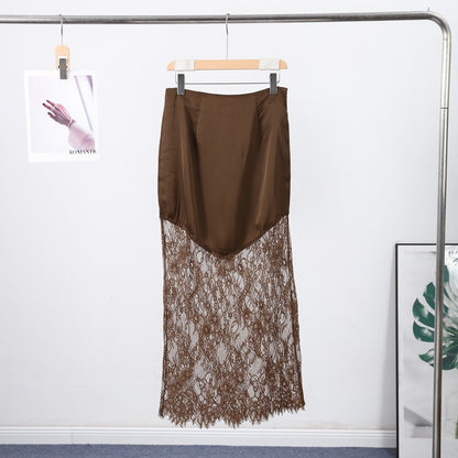 Satin Skirts Women Loose High Waist Patchwork Lace See Through Skirt Female 2025 Chic Solid Sexy Elegant Streetwears