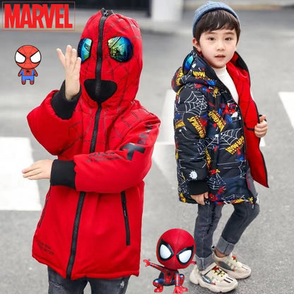 Anime Marvel Homem-Aranha fofo criativo desenho animado padrão inverno novo jaqueta acolchoada de algodão com capuz de comprimento médio reversível quente e espessa