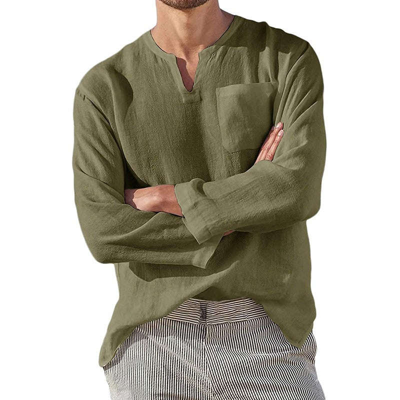 Men Cotton Linen Shirts Long Sleeve Social Shirt Blouses Stand-Up Collar Casual Beach Shirt Business Formal Shirt Male Clothing