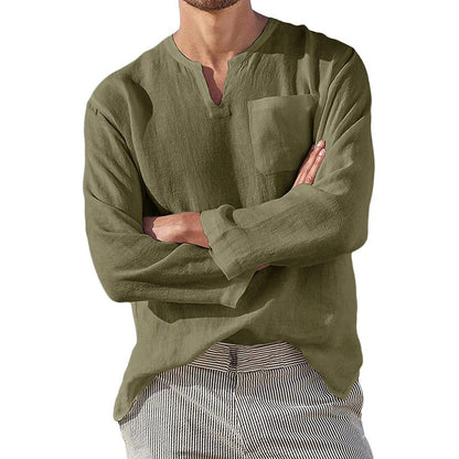 Men Cotton Linen Shirts Long Sleeve Social Shirt Blouses Stand-Up Collar Casual Beach Shirt Business Formal Shirt Male Clothing