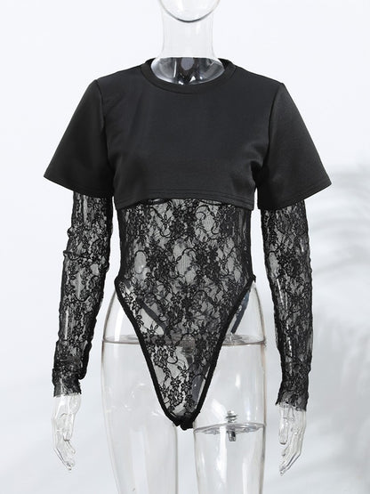 Women Crop Top Sheer Lace Bodysuit Short-Sleeve Layered 2025 Fashion Summer Sexy Outfit Trendy Party Chic Edgy Hot Lady Vestido