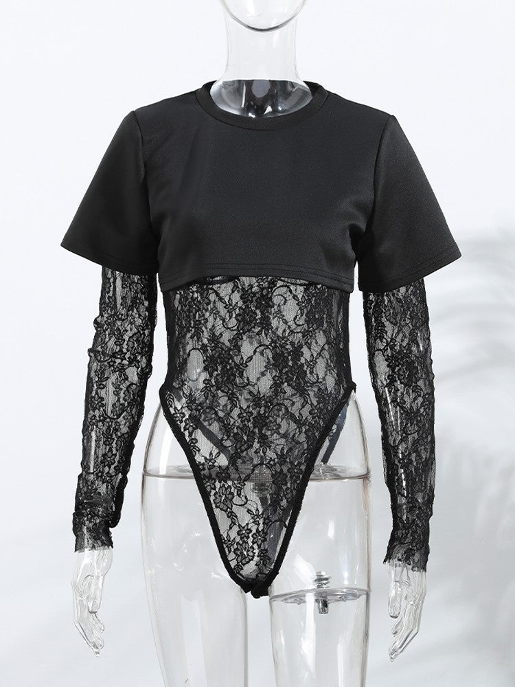 Women Crop Top Sheer Lace Bodysuit Short-Sleeve Layered 2025 Fashion Summer Sexy Outfit Trendy Party Chic Edgy Hot Lady Vestido