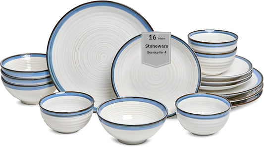 Siterra Santorini Conjunto de Louça de Grés de 16 Peças - Serviço para 4 Pessoas, Pratos e Tigelas, Branco Rústico com Esmalte Azul Reativo