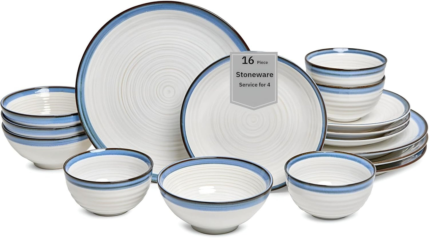 Siterra Santorini Conjunto de Louça de Grés de 16 Peças - Serviço para 4 Pessoas, Pratos e Tigelas, Branco Rústico com Esmalte Azul Reativo