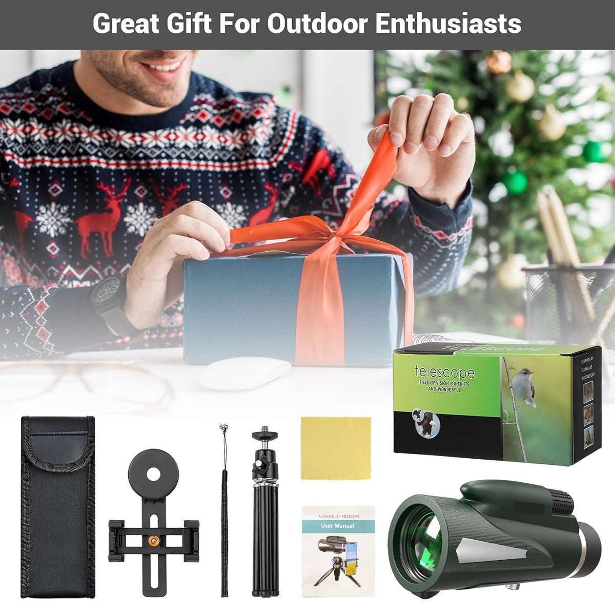 Telescópio monocular 10X, emparelhado com tripé e suporte para telefone, usado para observação de pássaros ao ar livre, caminhadas, acampamentos, viagens, lea