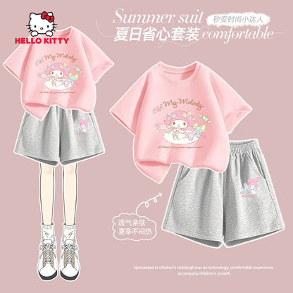 Sanrio Summer Baby Girls 100% Cotton Clothes Set Kid Children Cute Hello Kitty Printed Short Sleeve T-shirts Top And Shorts Suit