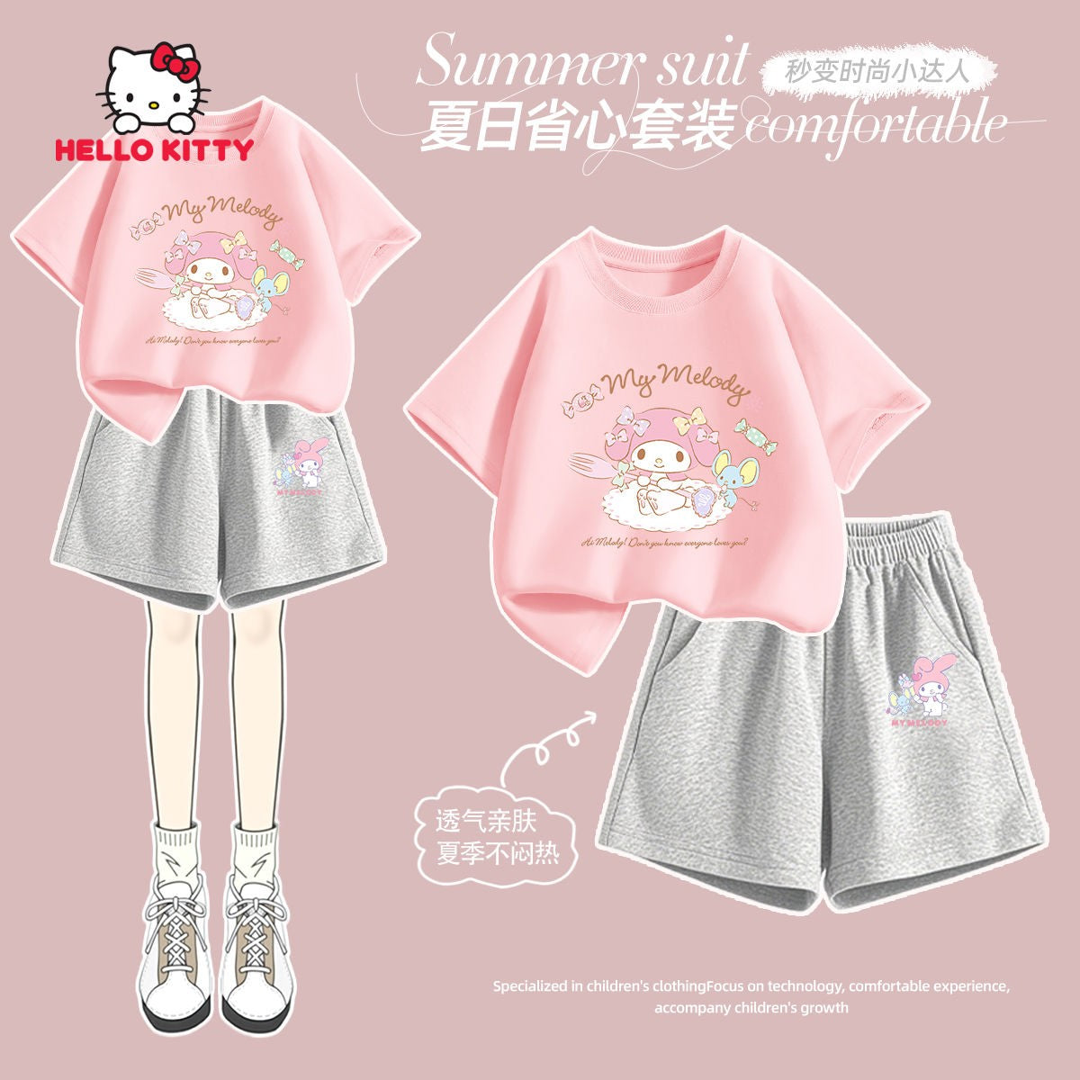 Sanrio Summer Baby Girls 100% Cotton Clothes Set Kid Children Cute Hello Kitty Printed Short Sleeve T-shirts Top And Shorts Suit