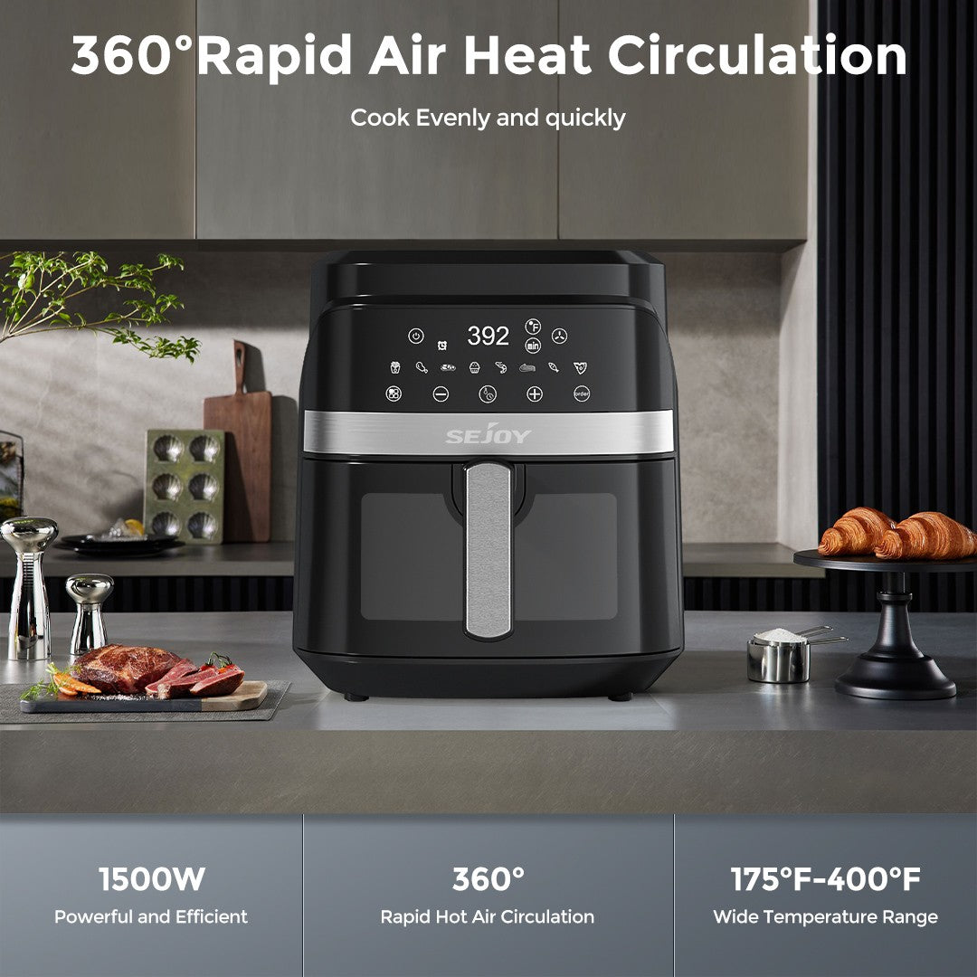 Fritadeira de ar 8 em 1, 6 litros, Forno elétrico de fritura quente sem óleo, Assar, Grelhar, Cozer, Desidratar e Manter os alimentos aquecidos, 120V