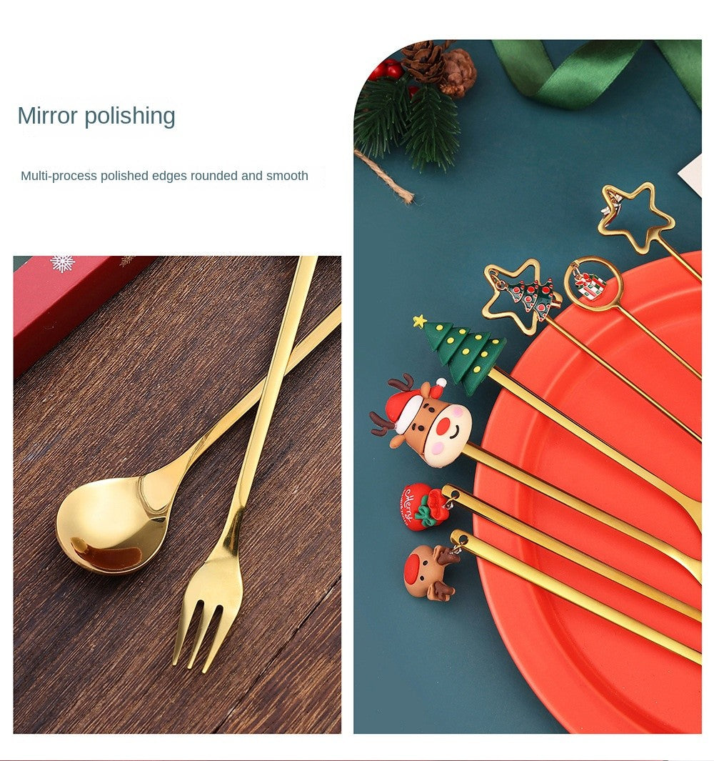 Warm Christmas Gift! Creative Santa Doll Dessert Spoon Fork 2-Piece Set Portable Tableware in Gift Box Sweet Surprise Friends
