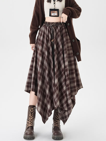 Women Skirt Plaid High Waisted Elastic A Line Mid Length Korean Style Fashion Retro Versatile Irregular Autumn Skirt