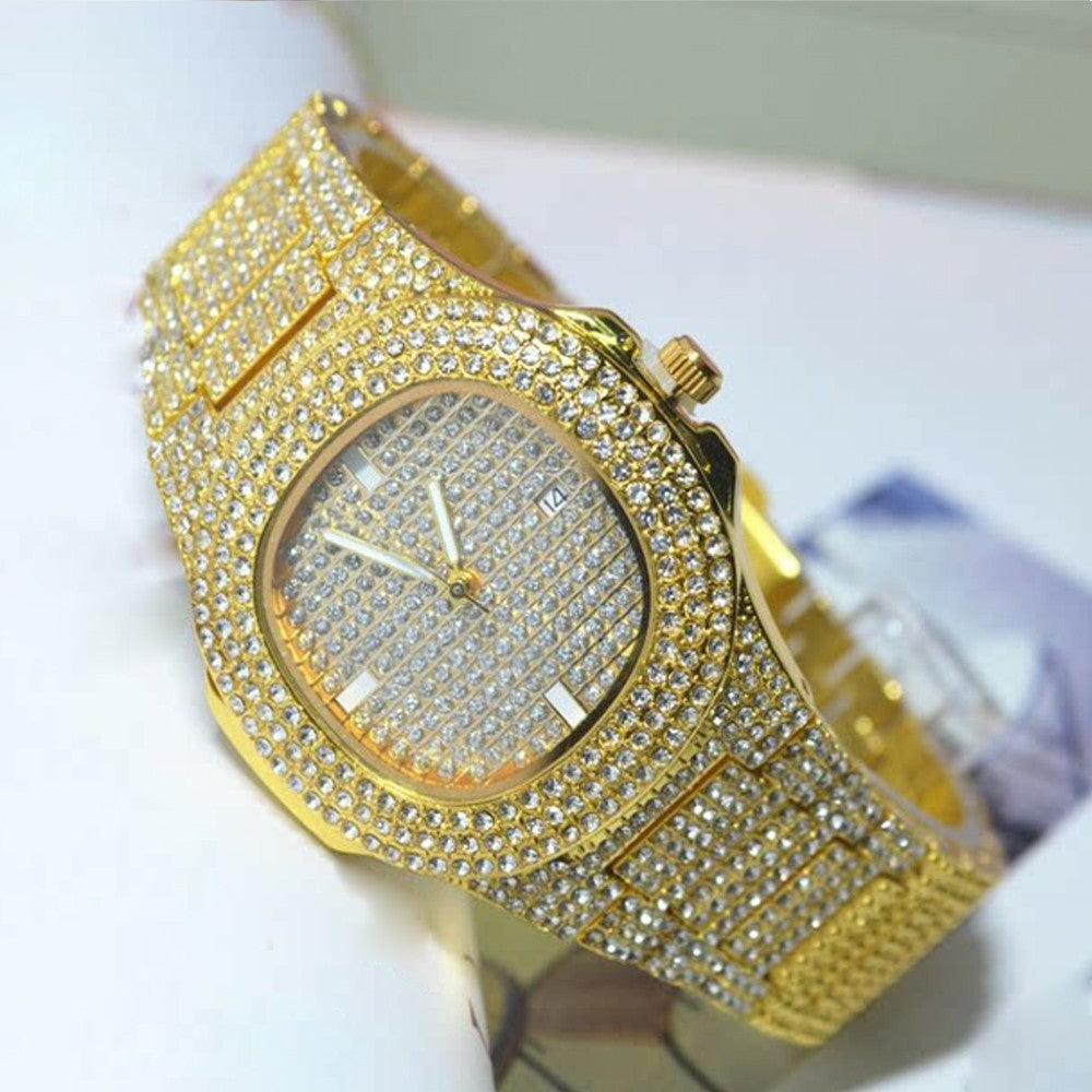 New Punk Men Watch Iced Out Diamond Sparkling Quartz Watches Fashion Hip Hop Classic Silver Color Watch Jewelry Men Women Gift