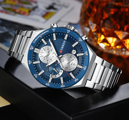 CURREN Classic 43mm Men's Watch Chronogrph Quartz Wristwatch with Stainless Steel Band Luminous Hands Auto Date