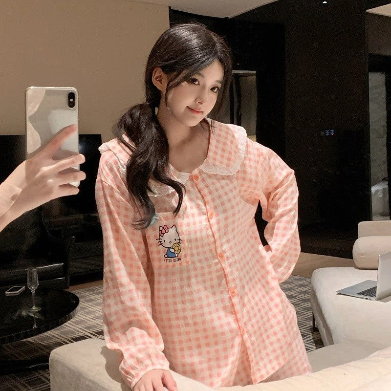 New Plus Size Sanrio Long Pajamas HelloKitty Lace Plaid Kawaii Cartoon Loose Sleepwear Pajamas Sets Autumn Winter Nightwear