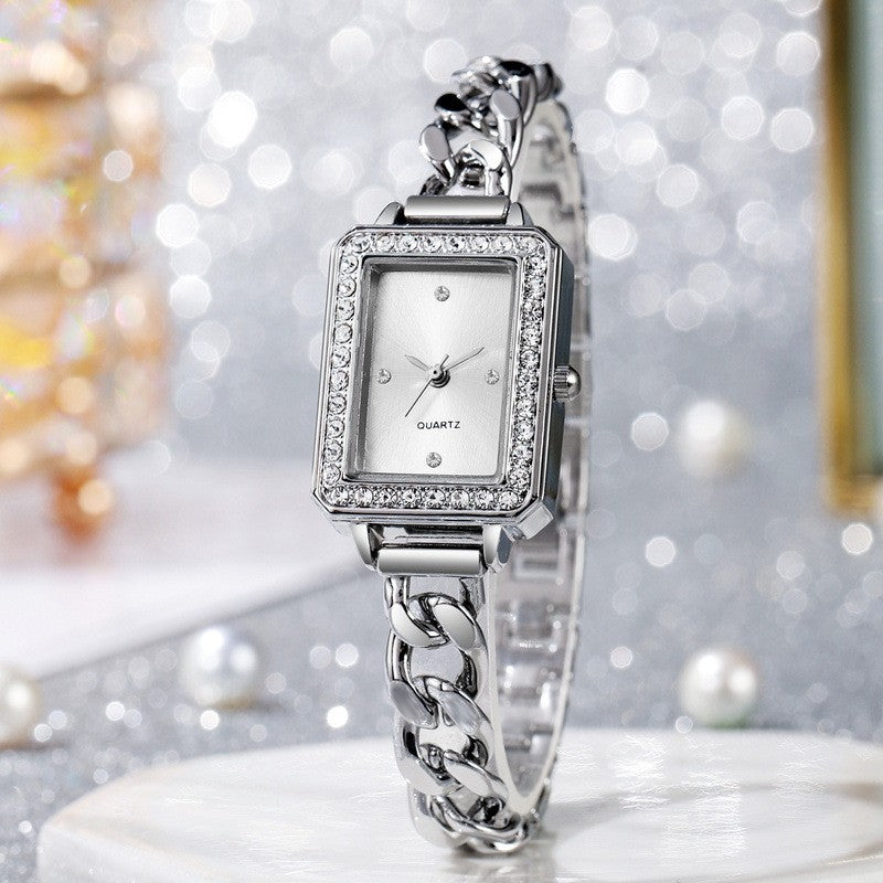 Ladies' Fashion Diamond Set Square Diamond Dot Scale Dial Steel Belt Chain Strap Quartz Watch