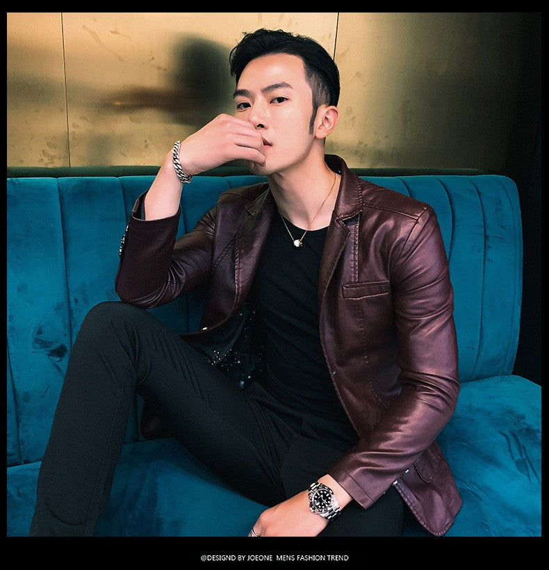 Spring/Autumn Leather Jacket - Plus Size Men's Youth Suit Collar Business Casual Leather Jacket European Sizes XS-3XL