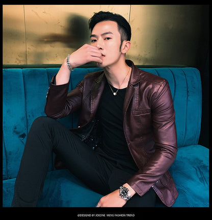 Spring/Autumn Leather Jacket - Plus Size Men's Youth Suit Collar Business Casual Leather Jacket European Sizes XS-3XL