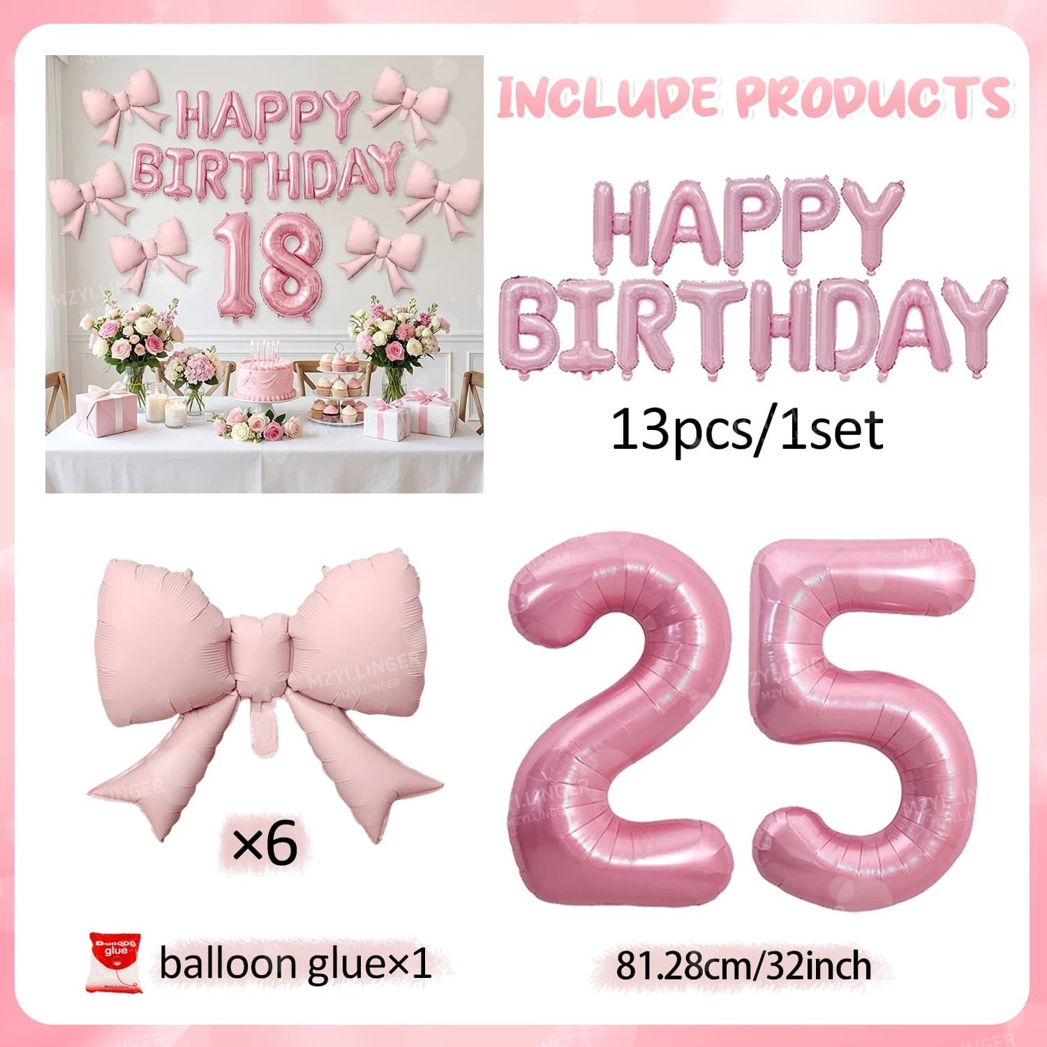 Pink Bow Birthday Balloon Happy Birthday Letter Balloon Used for Wedding, Valentine's Day, Birthday, Proposal Decoration Decor