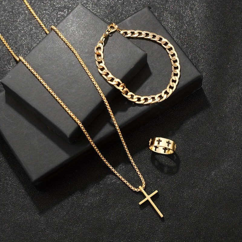 Conjunto de Joias de Aço Inoxidável 3 Peças para Homens Colar com Pingente de Cruz Corrente Pulseira Anel Conjunto Acessórios de Design Personalizado Presentes