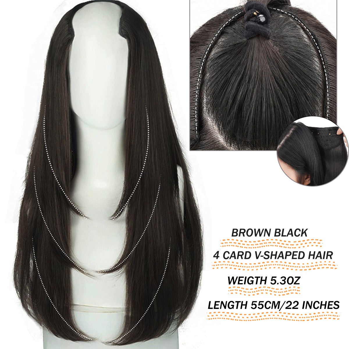 Apliques de Cabelo Sintético Liso Comprido de 22 Polegadas com Grampo em Formato de V Resistente ao Calor Acessórios para Cabelo