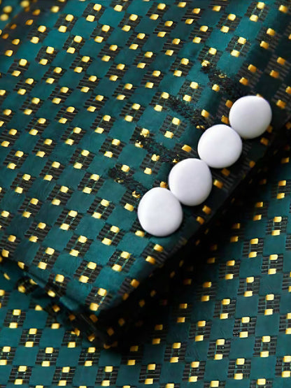 Men's three-piece green jacquard slim-fitting suit set, including paisley pattern suit jacket, vest, and pants, suitable for bal