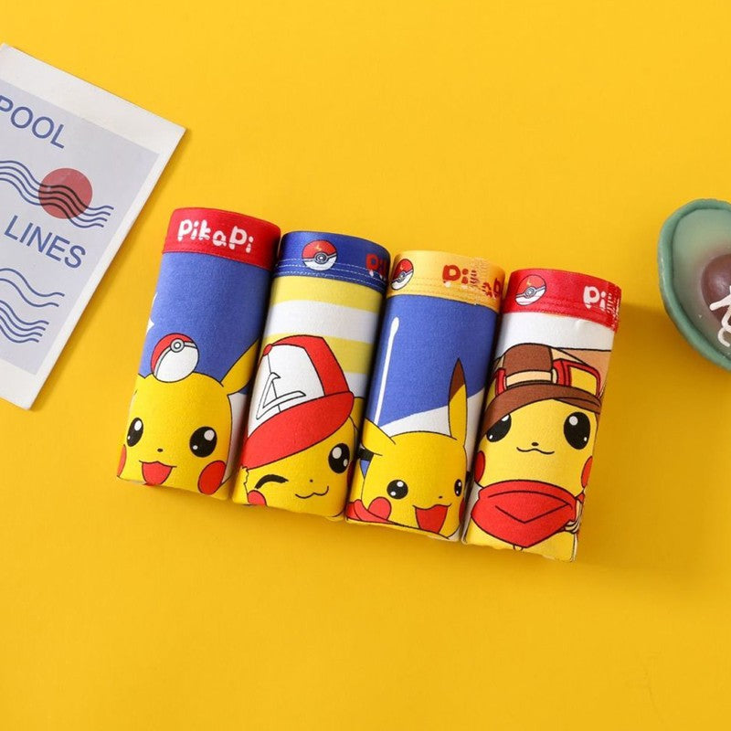 Cueca Boxer Infantil 4 Peças Pokémon para Meninos Algodão Anime U Pouch Bulge Roupa Íntima Desenho Animado Shorts Infantis Fofos Respiráveis Calças Boxer 2-12 Anos