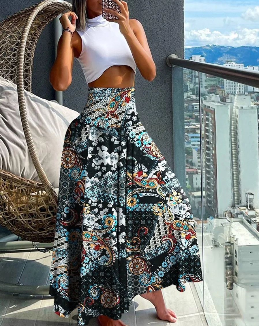 Plus Size European and American Cross-border Summer New Fashion Print High Waist Slim Skirt