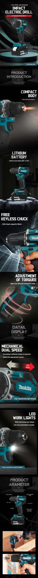 Parafusadeira de impacto recarregável Makita DDF487 10mm sem escova 18V de lítio, parafusadeira elétrica de alto torque para uso doméstico