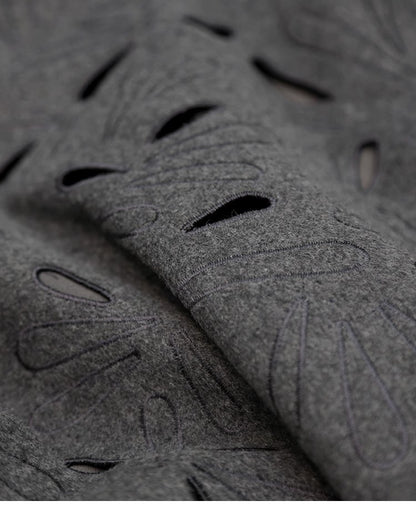 Dark Grey Wool Skirts for women 2024 Autumn Winter Big Swing A-Line Long Skirt Elegant Elastic waist Zipper Hollow Out Skirt