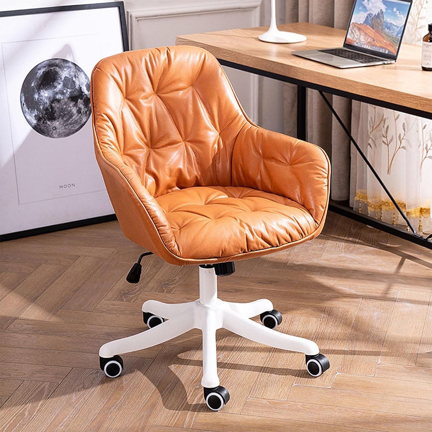 Leather Office Chair, Mid Century Desk Chair with Wheels and Ergonomic Armrests, Adjustable Height Swivel Rolling Task Chair,